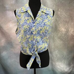 Limited America Womens Large Blue Green Floral Tie Front Sleeveless Cotton Top